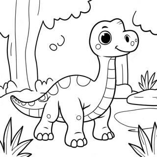 Sød brontosaurus i en skov farvelægningsside | Brontosaurus malebog