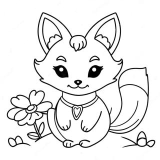 Sød Kitsune med Blomster Malebog | Kitsune malebog