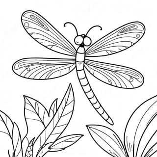Farverig Drageflue i en Have Tegning | Drageflue malebog
