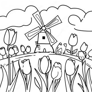Hollands landskab med tulipaner farvelægningsside | Holland malebog