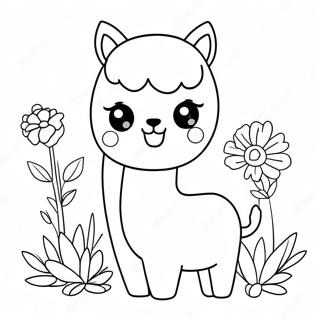 Sød alpaca med blomster farvelægningsside | Alpaka malebog