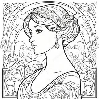 Elegant Art Nouveau dame farvelægningsside | Jugendstil malebog
