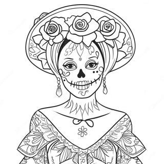 Elegant Catrina med blomster farvelægningsside | Catrina malebog
