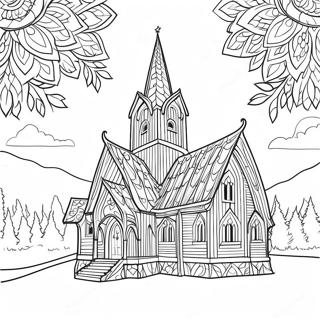 Traditionel norsk stavkirke farvelægningsside | Norge malebog