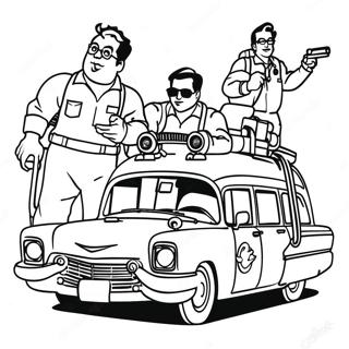 Ghostbusters team i Ecto 1 farvelægningsside | Ghostbusters Ecto 1 malebog