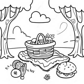 Picnic scene med farverigt tæppe farvelægningsside | Picnic malebog