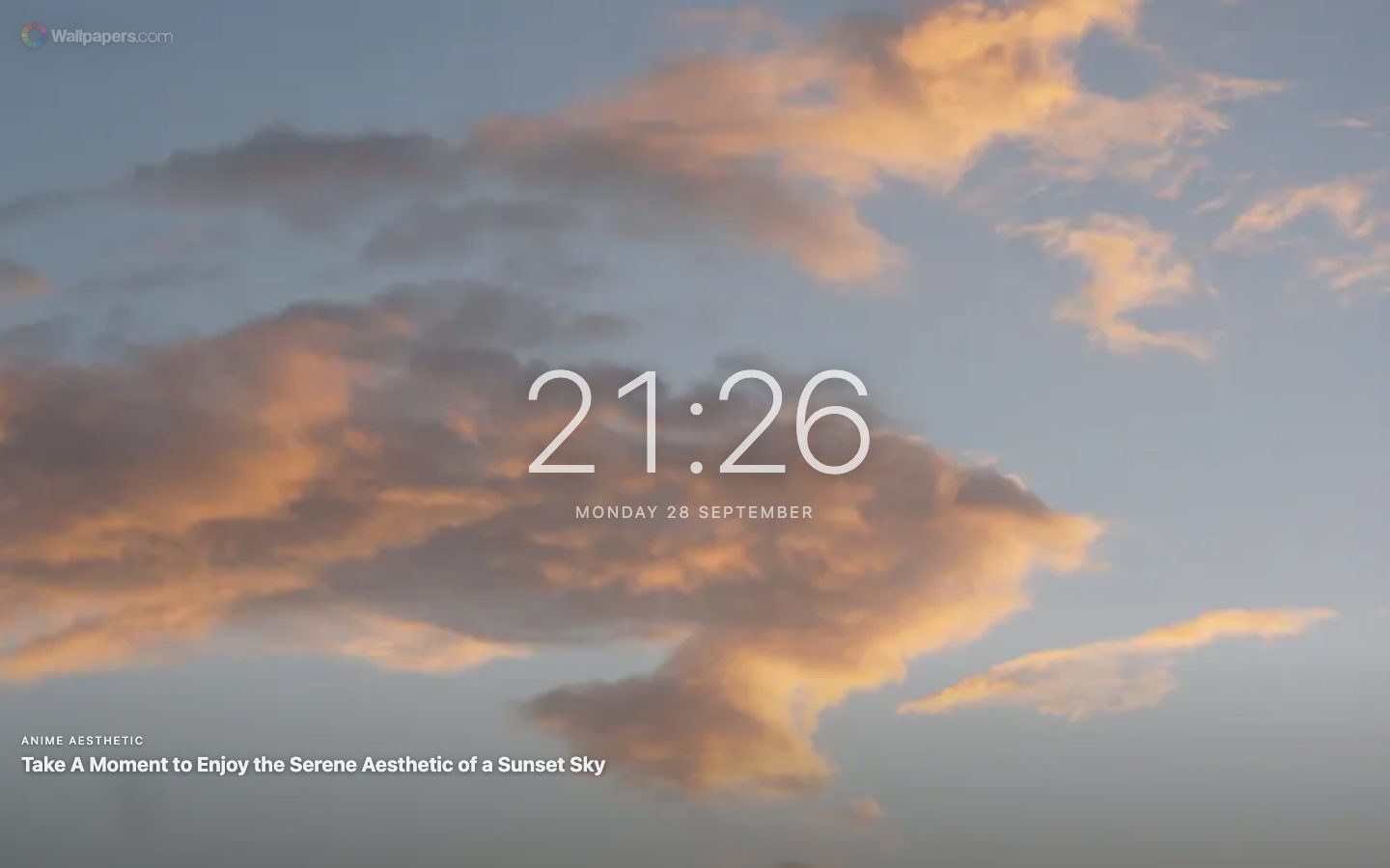 Ny fane med et stort ur og datoen over et wallpaper med solnedgangshimmel